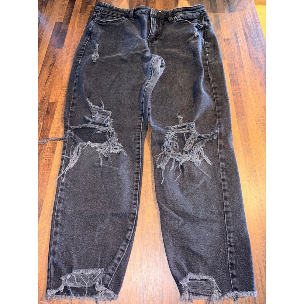 SO High Rise Mom Jeans Womens 11/30W Distressed Faded Black Frayed Hem Denim